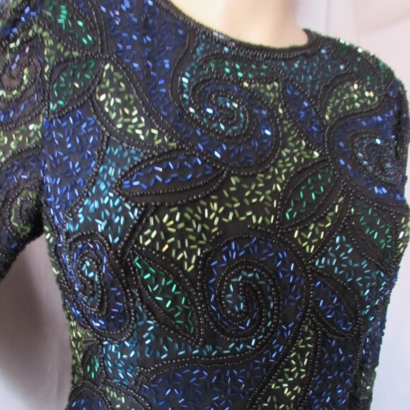 SALE Sparkly Special Event Beaded Top Swirly Blue Green Black - Picture 4 of 11
